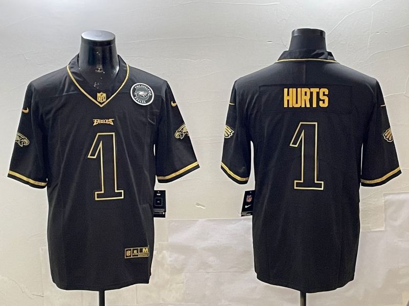 Men Philadelphia Eagles #1 Hurts Black gold Throwback 2025 Nike Vapor Limited NFL Jersey style 3